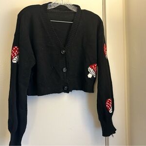 Black Cardigan Sweater with Floral Red Accents